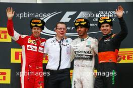 The podium (L to R): Sebastian Vettel (GER) Ferrari, second; Lewis Hamilton (GBR) Mercedes AMG F1, race winner; Sergio Perez (MEX) Sahara Force India F1, third. 11.10.2015. Formula 1 World Championship, Rd 15, Russian Grand Prix, Sochi Autodrom, Sochi, Russia, Race Day.