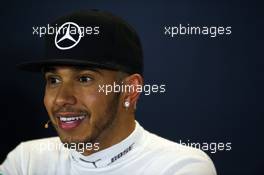 Race winner Lewis Hamilton (GBR) Mercedes AMG F1 in the FIA Press Conference. 11.10.2015. Formula 1 World Championship, Rd 15, Russian Grand Prix, Sochi Autodrom, Sochi, Russia, Race Day.