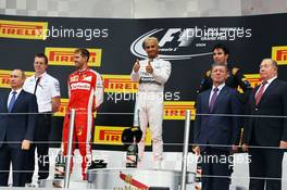 The podium (L to R): Sebastian Vettel (GER) Ferrari, second; Lewis Hamilton (GBR) Mercedes AMG F1, race winner; Sergio Perez (MEX) Sahara Force India F1, third. 11.10.2015. Formula 1 World Championship, Rd 15, Russian Grand Prix, Sochi Autodrom, Sochi, Russia, Race Day.