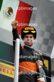 Sergio Perez (MEX) Sahara Force India F1 celebrates his third position on the podium. 11.10.2015. Formula 1 World Championship, Rd 15, Russian Grand Prix, Sochi Autodrom, Sochi, Russia, Race Day.