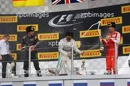 The podium (L to R): Sergio Perez (MEX) Sahara Force India F1; Lewis Hamilton (GBR) Mercedes AMG F1, Sebastian Vettel (GER) Ferrari. 11.10.2015. Formula 1 World Championship, Rd 15, Russian Grand Prix, Sochi Autodrom, Sochi, Russia, Race Day.