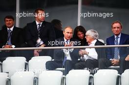 (L to R): Vladimir Putin (RUS) Russian Federation President with Bernie Ecclestone (GBR). 11.10.2015. Formula 1 World Championship, Rd 15, Russian Grand Prix, Sochi Autodrom, Sochi, Russia, Race Day.