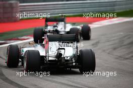 Nico Rosberg (GER) Mercedes AMG F1 W06 leads Lewis Hamilton (GBR) Mercedes AMG F1 W06. 11.10.2015. Formula 1 World Championship, Rd 15, Russian Grand Prix, Sochi Autodrom, Sochi, Russia, Race Day.