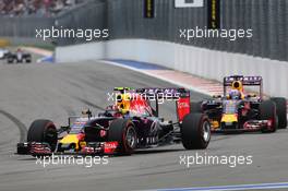 Daniil Kvyat (RUS) Red Bull Racing RB11 leads team mate Daniel Ricciardo (AUS) Red Bull Racing RB11. 11.10.2015. Formula 1 World Championship, Rd 15, Russian Grand Prix, Sochi Autodrom, Sochi, Russia, Race Day.