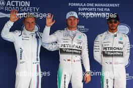 Qualifying top three in parc ferme (L to R): Valtteri Bottas (FIN) Williams, third; Nico Rosberg (GER) Mercedes AMG F1, pole position; Lewis Hamilton (GBR) Mercedes AMG F1, second. 10.10.2015. Formula 1 World Championship, Rd 15, Russian Grand Prix, Sochi Autodrom, Sochi, Russia, Qualifying Day.