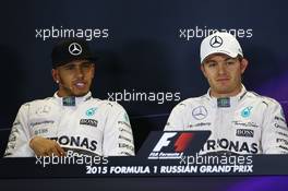 (L to R): Lewis Hamilton (GBR) Mercedes AMG F1 and team mate Nico Rosberg (GER) Mercedes AMG F1 in the post qualifying FIA Press Conference. 10.10.2015. Formula 1 World Championship, Rd 15, Russian Grand Prix, Sochi Autodrom, Sochi, Russia, Qualifying Day.