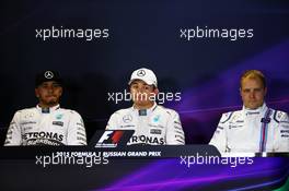 The post qualifying FIA Press Conference (L to R): Lewis Hamilton (GBR) Mercedes AMG F1; Nico Rosberg (GER) Mercedes AMG F1; Valtteri Bottas (FIN) Williams. 10.10.2015. Formula 1 World Championship, Rd 15, Russian Grand Prix, Sochi Autodrom, Sochi, Russia, Qualifying Day.