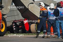 The Scuderia Toro Rosso STR10 of Carlos Sainz Jr (ESP) in the Tecpro barriers after he crashed in the third practice session. 10.10.2015. Formula 1 World Championship, Rd 15, Russian Grand Prix, Sochi Autodrom, Sochi, Russia, Qualifying Day.