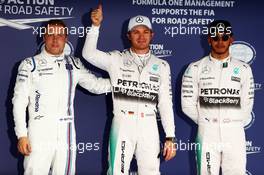 Qualifying top three in parc ferme (L to R): Valtteri Bottas (FIN) Williams, third; Nico Rosberg (GER) Mercedes AMG F1, pole position; Lewis Hamilton (GBR) Mercedes AMG F1, second. 10.10.2015. Formula 1 World Championship, Rd 15, Russian Grand Prix, Sochi Autodrom, Sochi, Russia, Qualifying Day.