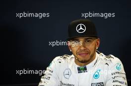 Lewis Hamilton (GBR) Mercedes AMG F1 in the post qualifying FIA Press Conference. 10.10.2015. Formula 1 World Championship, Rd 15, Russian Grand Prix, Sochi Autodrom, Sochi, Russia, Qualifying Day.