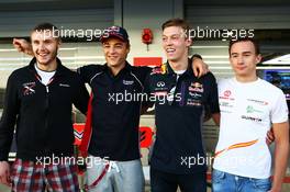 Russian drivers at Sochi (L to R): Sergey Sirotkin (RUS) Rapax GP2; Artem Markelov (RUS) Russian Time GP2; Daniil Kvyat (RUS) Red Bull Racing; Konstantin Tereshchenko (RUS) Campos Racing GP3. 08.10.2015. Formula 1 World Championship, Rd 15, Russian Grand Prix, Sochi Autodrom, Sochi, Russia, Preparation Day.