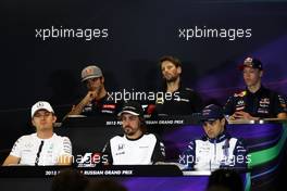 The FIA Press Conference (from back row (L to R)): Carlos Sainz Jr (ESP) Scuderia Toro Rosso; Romain Grosjean (FRA) Lotus F1 Team; Daniil Kvyat (RUS) Red Bull Racing; Nico Rosberg (GER) Mercedes AMG F1; Fernando Alonso (ESP) McLaren; Felipe Massa (BRA) Williams.  08.10.2015. Formula 1 World Championship, Rd 15, Russian Grand Prix, Sochi Autodrom, Sochi, Russia, Preparation Day.