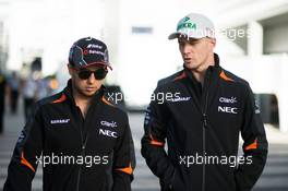 (L to R): Sergio Perez (MEX) Sahara Force India F1 with Nico Hulkenberg (GER) Sahara Force India F1. 08.10.2015. Formula 1 World Championship, Rd 15, Russian Grand Prix, Sochi Autodrom, Sochi, Russia, Preparation Day.