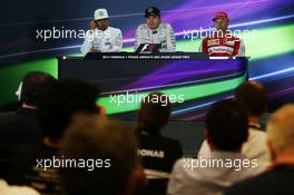 The post race FIA Press Conference (L to R): Lewis Hamilton (GBR) Mercedes AMG F1; Nico Rosberg (GER) Mercedes AMG F1; Kimi Raikkonen (FIN) Ferrari. 29.11.2015. Formula 1 World Championship, Rd 19, Abu Dhabi Grand Prix, Yas Marina Circuit, Abu Dhabi, Race Day.