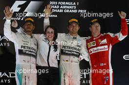 1st place Nico Rosberg (GER) Mercedes AMG F1 W06, with 2nd place Lewis Hamilton (GBR) Mercedes AMG F1 W06 and 3rd place Kimi Raikkonen (FIN) Ferrari SF15-T. 29.11.2015. Formula 1 World Championship, Rd 19, Abu Dhabi Grand Prix, Yas Marina Circuit, Abu Dhabi, Race Day.