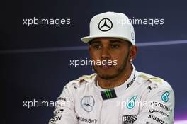 Lewis Hamilton (GBR) Mercedes AMG F1 in the post qualifying FIA Press Conference. 28.11.2015. Formula 1 World Championship, Rd 19, Abu Dhabi Grand Prix, Yas Marina Circuit, Abu Dhabi, Qualifying Day.
