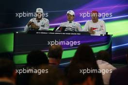 The post qualifying FIA Press Conference (L to R): Lewis Hamilton (GBR) Mercedes AMG F1; Nico Rosberg (GER) Mercedes AMG F1; Kimi Raikkonen (FIN) Ferrari. 28.11.2015. Formula 1 World Championship, Rd 19, Abu Dhabi Grand Prix, Yas Marina Circuit, Abu Dhabi, Qualifying Day.