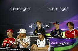 The FIA Press Conference (from back row (L to R)): Romain Grosjean (FRA) Lotus F1 Team; Daniil Kvyat (RUS) Red Bull Racing; Roberto Merhi (ESP) Manor Marussia F1 Team; Kimi Raikkonen (FIN) Ferrari; Lewis Hamilton (GBR) Mercedes AMG F1; Fernando Alonso (ESP) McLaren.  26.11.2015. Formula 1 World Championship, Rd 19, Abu Dhabi Grand Prix, Yas Marina Circuit, Abu Dhabi, Preparation Day.