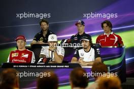 The FIA Press Conference (from back row (L to R)): Romain Grosjean (FRA) Lotus F1 Team; Daniil Kvyat (RUS) Red Bull Racing; Roberto Merhi (ESP) Manor Marussia F1 Team; Kimi Raikkonen (FIN) Ferrari; Lewis Hamilton (GBR) Mercedes AMG F1; Fernando Alonso (ESP) McLaren.  26.11.2015. Formula 1 World Championship, Rd 19, Abu Dhabi Grand Prix, Yas Marina Circuit, Abu Dhabi, Preparation Day.