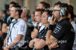 Mercedes AMG F1 team watch the rain fall in the second practice session. 23.10.2015. Formula 1 World Championship, Rd 16, United States Grand Prix, Austin, Texas, USA, Practice Day.