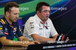 (L to R): Christian Horner (GBR) Red Bull Racing Team Principal and Eric Boullier (FRA) McLaren Racing Director in the FIA Press Conference. 23.10.2015. Formula 1 World Championship, Rd 16, United States Grand Prix, Austin, Texas, USA, Practice Day.
