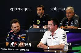 The FIA Press Conference (from back row (L to R)): Matthew Carter (GBR) Lotus F1 Team CEO; Dr. Vijay Mallya (IND) Sahara Force India F1 Team Owner; Christian Horner (GBR) Red Bull Racing Team Principal; Eric Boullier (FRA) McLaren Racing Director.  23.10.2015. Formula 1 World Championship, Rd 16, United States Grand Prix, Austin, Texas, USA, Practice Day.