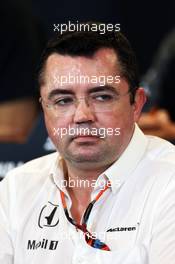 Eric Boullier (FRA) McLaren Racing Director in the FIA Press Conference. 23.10.2015. Formula 1 World Championship, Rd 16, United States Grand Prix, Austin, Texas, USA, Practice Day.