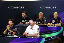 The FIA Press Conference (from back row (L to R)): Matthew Carter (GBR) Lotus F1 Team CEO; Dr. Vijay Mallya (IND) Sahara Force India F1 Team Owner; Franz Tost (AUT) Scuderia Toro Rosso Team Principal; Christian Horner (GBR) Red Bull Racing Team Principal; Eric Boullier (FRA) McLaren Racing Director.  23.10.2015. Formula 1 World Championship, Rd 16, United States Grand Prix, Austin, Texas, USA, Practice Day.