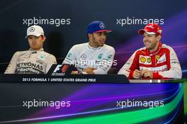 The post race FIA Press Conference (L to R): Nico Rosberg (GER) Mercedes AMG F1, second; Lewis Hamilton (GBR) Mercedes AMG F1, race winner and World Champion; Sebastian Vettel (GER) Ferrari, third. 25.10.2015. Formula 1 World Championship, Rd 16, United States Grand Prix, Austin, Texas, USA, Race Day.