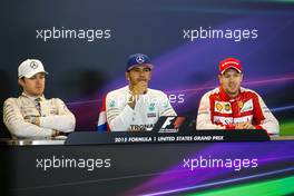 The post race FIA Press Conference (L to R): Nico Rosberg (GER) Mercedes AMG F1, second; Lewis Hamilton (GBR) Mercedes AMG F1, race winner and World Champion; Sebastian Vettel (GER) Ferrari, third. 25.10.2015. Formula 1 World Championship, Rd 16, United States Grand Prix, Austin, Texas, USA, Race Day.