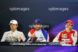 The post race FIA Press Conference (L to R): Nico Rosberg (GER) Mercedes AMG F1, second; Lewis Hamilton (GBR) Mercedes AMG F1, race winner and World Champion; Sebastian Vettel (GER) Ferrari, third. 25.10.2015. Formula 1 World Championship, Rd 16, United States Grand Prix, Austin, Texas, USA, Race Day.