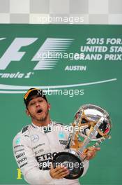 Race winner and World Champion Lewis Hamilton (GBR) Mercedes AMG F1 celebrates on the podium. 25.10.2015. Formula 1 World Championship, Rd 16, United States Grand Prix, Austin, Texas, USA, Race Day.