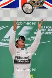 Race winner and World Champion Lewis Hamilton (GBR) Mercedes AMG F1 celebrates on the podium. 25.10.2015. Formula 1 World Championship, Rd 16, United States Grand Prix, Austin, Texas, USA, Race Day.