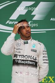 Race winner and World Champion Lewis Hamilton (GBR) Mercedes AMG F1 celebrates on the podium. 25.10.2015. Formula 1 World Championship, Rd 16, United States Grand Prix, Austin, Texas, USA, Race Day.