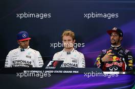 The post qualifying FIA Press Conference (L to R): Lewis Hamilton (GBR) Mercedes AMG F1, second; Nico Rosberg (GER) Mercedes AMG F1, pole position; Daniel Ricciardo (AUS) Red Bull Racing, third. 25.10.2015. Formula 1 World Championship, Rd 16, United States Grand Prix, Austin, Texas, USA, Race Day.