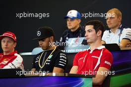 The FIA Press Conference (from back row (L to R)): Marcus Ericsson (SWE) Sauber F1 Team; Valtteri Bottas (FIN) Williams; Kimi Raikkonen (FIN) Ferrari; Lewis Hamilton (GBR) Mercedes AMG F1; Alexander Rossi (USA) Manor Marussia F1 Team.  22.10.2015. Formula 1 World Championship, Rd 16, United States Grand Prix, Austin, Texas, USA, Preparation Day.