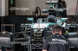 The Mercedes AMG F1 W06 of Lewis Hamilton (GBR) Mercedes AMG F1 is prepared in the pits. 22.10.2015. Formula 1 World Championship, Rd 16, United States Grand Prix, Austin, Texas, USA, Preparation Day.