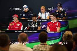 The FIA Press Conference (from back row (L to R)): Marcus Ericsson (SWE) Sauber F1 Team; Valtteri Bottas (FIN) Williams; Daniel Ricciardo (AUS) Red Bull Racing; Kimi Raikkonen (FIN) Ferrari; Lewis Hamilton (GBR) Mercedes AMG F1; Alexander Rossi (USA) Manor Marussia F1 Team.  22.10.2015. Formula 1 World Championship, Rd 16, United States Grand Prix, Austin, Texas, USA, Preparation Day.