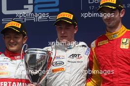 Race 1, 1st position Stoffel Vandoorne (BEL) Art Grand Prix, 2nd position Rio Haryanto (IND) Campos Racing and 3rd position Alexander Rossi (USA) Marussia F1 Team 18.04.2015. GP2 Series, Rd 1, Sakhir, Bahrain,Saturday.