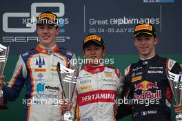 Race 2, 1st position Rio Haryanto (IND) Campos Racing, 2nd position Raffaele Marciello (ITA) Trident and 3rd position Pierre Gasly (FRA) Dams 05.07.2015. GP2 Series, Rd 5, Silverstone, England, Sunday.