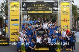 Podium Andreas Mikkelsen ,Ola Floene (Volkswagen Polo R WRC, #9 Volkswagen Motorsport II), 22-25.10.2015. World Rally Championship, Rd 12,  Rally de Espana, Catalunya-Costa Daurada, Salou, Spain.