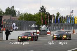 #1 Audi Sport Team WRT, Audi R8 LMS: Laurens Vanthoor, Christopher Mies, Nico Müller, Pierre Kaffer and  #2 Audi Sport Team WRT, Audi R8 LMS: Stuart Leonard, Robin Frijns, Edward Sandström, Frederic Vervisch. 25.-29.05.2016 Nürburging 24 Hours, Nordschleife, Nurburging, Germany, Race.