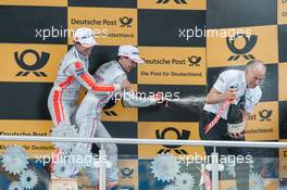 podium, champagne shower, Robert Wickens (CAN) Mercedes-AMG Team HWA, Mercedes-AMG C63 DTM, Lucas Auer (AUT) Mercedes-AMG Team Mücke, Mercedes-AMG C63 DTM, teamboss Peter Mücke,  05.06.2016, DTM Round 3, Lausitzring, Germany, Sunday.