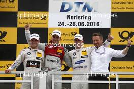 Podium: Race winner Nico Müller (SUI) Audi Sport Team Abt Sportsline, Audi RS 5 DTM; second place Tom Blomqvist (GBR) BMW Team RBM, BMW M4 DTM; third place Maxime Martin (BEL) BMW Team RBM, BMW M4 DTM;  Michael Seifert (GER) Team manager Abt Sportsline. 26.06.2016, DTM Round 4, Norisring, Germany, Race 2, Sunday.