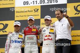 Podium: Race winner Edoardo Mortara (ITA) Audi Sport Team Abt Sportsline, Audi RS 5 DTM; second place Lucas Auer (AUT) Mercedes-AMG Team Mücke, Mercedes-AMG C63 DTM; third Marco Wittmann (GER) BMW Team RMG, BMW M4 DTM; Thomas Biermaier (GER) Audi Sport Team Abt-Sportsline. 11.09.2016, DTM Round 7, Nürburgring, Germany, Sunday Race.