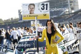 Grid girl of Tom Blomqvist (GBR) BMW Team RBM, BMW M4 DTM. 16.10.2016, DTM Round 9, Hockenheimring, Germany, Sunday, Race 2.