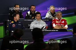 The FIA Press Conference (From back row (L to R)): Cyril Abiteboul (FRA) Renault Sport F1 Managing Director; Eric Boullier (FRA) McLaren Racing Director; Gene Haas (USA) Haas Automotion President; Christian Horner (GBR) Red Bull Racing Team Principal; Toto Wolff (GER) Mercedes AMG F1 Shareholder and Executive Director; Maurizio Arrivabene (ITA) Ferrari Team Principal.  18.03.2016. Formula 1 World Championship, Rd 1, Australian Grand Prix, Albert Park, Melbourne, Australia, Practice Day.