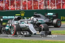 Nico Rosberg (GER) Mercedes AMG F1 W07 Hybrid leads team mate Lewis Hamilton (GBR) Mercedes AMG F1 W07 Hybrid. 19.03.2016. Formula 1 World Championship, Rd 1, Australian Grand Prix, Albert Park, Melbourne, Australia, Qualifying Day.