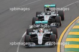 Lewis Hamilton (GBR) Mercedes AMG F1 W07 Hybrid leads team mate Nico Rosberg (GER) Mercedes AMG F1 W07 Hybrid. 19.03.2016. Formula 1 World Championship, Rd 1, Australian Grand Prix, Albert Park, Melbourne, Australia, Qualifying Day.