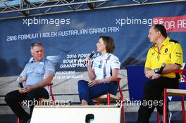 (L to R): Dave Ryan (NZL) Manor Racing Racing Director with Claire Williams (GBR) Williams Deputy Team Principal and Frederic Vasseur (FRA) Renault Sport F1 Team Racing Director. 20.03.2016. Formula 1 World Championship, Rd 1, Australian Grand Prix, Albert Park, Melbourne, Australia, Race Day.
